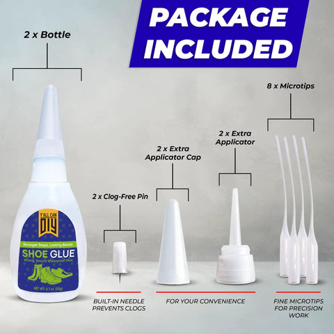 Heavy Duty Shoe Glue Two Pack Easy Patch Adhesive For Sneaker And Boot Sole Repair Tough As Nails Quick Dry Permanent Cement CA kit components including bottles and tips.