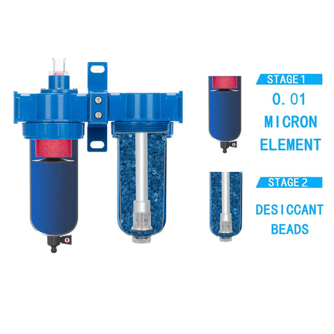 Pro Grade Coalescing Air Filter And Desiccant Dryer System With Poly Bowl, One Half Inch NPT, 0.01 Micron Element, Moisture Removal