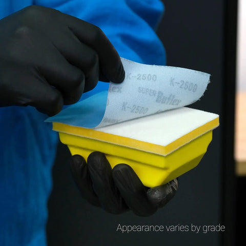 Flexible Polishing Sheets Starter Kit For Auto Detailing With K2000 To K3000 Grits 15 Sheets Plus Interface Pad And Hand Block Ultra Fast Cutting Power That Keeps Buffing Quick And Easy held in hand