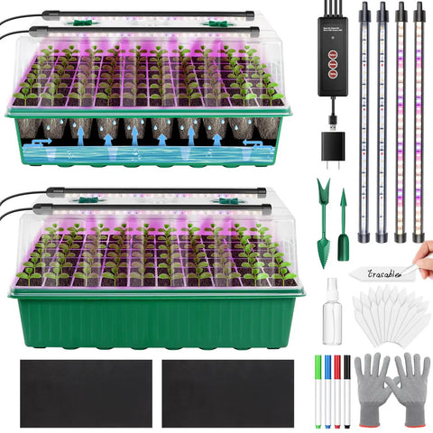 All In One Self Watering Seed Starter Trays With Led Grow Light Kit No Fuss 2 Pack 60 Cell Modules For Indoor Gardening Humidity Domes Tools And Labels Plug And Play shown with accessories
