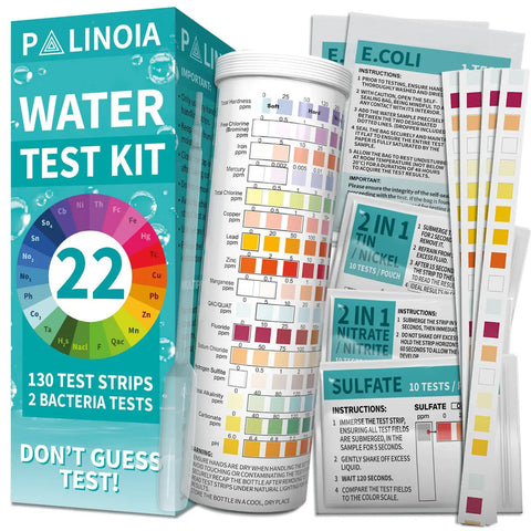 22 In 1 Water Test Kit With 130 Strips For Well Tap Pool And Spa Testing Fluoride Lead Hardness Chlorine Iron Copper And More No Hassle Easy At Home Water Analysis For Safer Drinking And Everyday Use, featuring package, strips, and instructions.