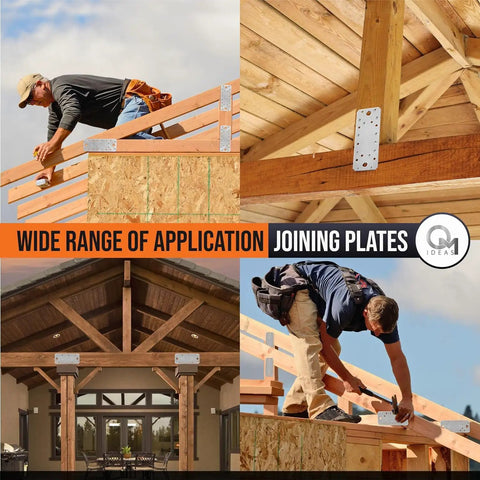 Heavy Duty Flat Joining Plates With Perforated Braces For Timber Wood And Metal Galvanized Steel Fixing Repair Connector 10 Pack in use on construction site.