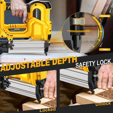 Straight Shooting Heavy Duty Cordless Brad Nailer And Staple Gun Workhorse showcasing adjustable depth settings and safety lock features.