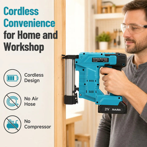 21V Brushless Cordless Electric Nail Gun Brad Nailer Tool For Baseboards And Cabinet Molding Zero Fuss Battery Powered held by a user.