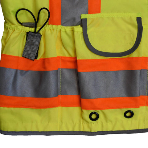 Close-up of SV55 Class 2 Heavy Woven Two Tone Engineer Vest with orange and gray reflective tape, green fabric, and padded cargo pockets.