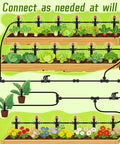 Illustration of 47 Pack Quick Connect 1/4 Inch Drip Irrigation Fittings Kit in garden setup with vegetables and flowers.