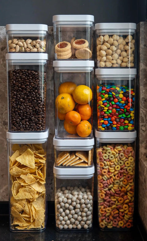 Keeping Your Pantry Crisp With This Straight Up Durable 10 Piece Square Food Storage Container Set Bpa Free Dishwasher Safe Twist Lock Design Built Solid For Everyday Kitchen Life And Total Game Changer with colorful snacks inside.