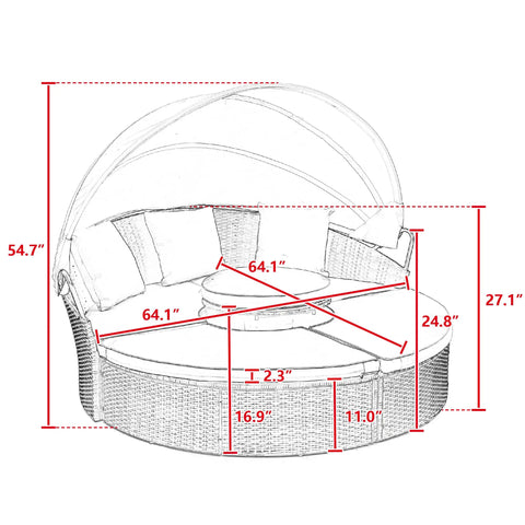 Dimensions of Retractable Outdoor Patio Round Wicker Rattan Daybed With Lift Table And Washable Cushions for outdoor lounging.