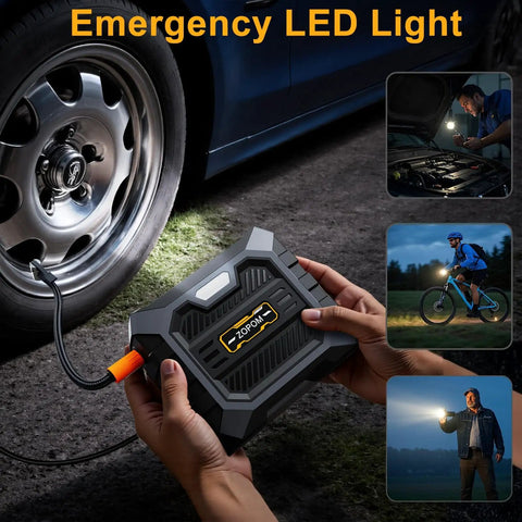 Person using Portable Tire Inflator With Digital Pressure Gauge 12V DC Air Compressor For Car Tires Bikes And Motorcycles Fast Inflation Up To 150 PSI Compact Travel Pump next to a car tire with LED light.