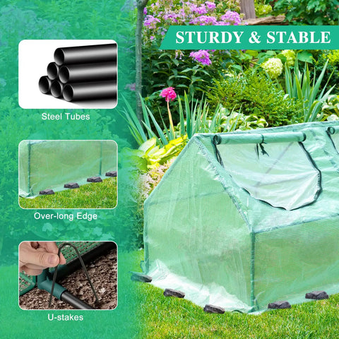 Six By Three Foot Mini Greenhouse Kit with all season 3 in 1 design, triple layer window, garden setting, steel tubes, U-stakes