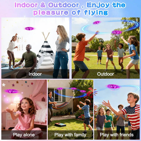 Kids enjoying Kids UFO Drone With Hand Gesture Control And LED Lights Indoor Outdoor Hover Boomerang Mini Flying Orb, purple