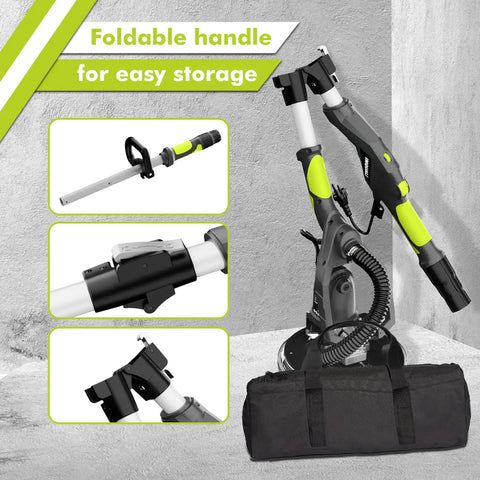 Foldable handle on Electric Drywall Sander With Vacuum Dust Collector, 9.5A 1050W Variable Speed, Carrying Bag, Green