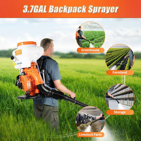 Three In One Backpack Sprayer For Garden And Agriculture Gasoline Powered Mist Duster Blower with 14L tank in use outdoors