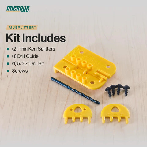Thin Kerf Table Saw Splitter For Anti Kickback Safety And Clean Hardwood Ripping kit including splitters, drill guide, drill bit, and screws.