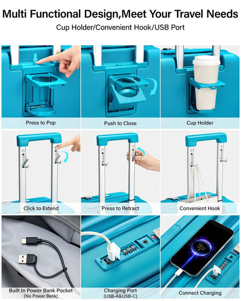Caribbean Blue expandable carry-on roller suitcase with cup holder, USB port, and convenient hook for travel essentials.