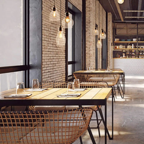 Cafe interior with Cool Three Light Glass Pendant Cluster With Adjustable Height UL Listed for stylish ambiance.