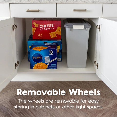 Portable 40Lb Pet Food Storage Bin With Wheels, Airtight Lid, Built In Scoop In Lid, BPA Free, in kitchen cabinet