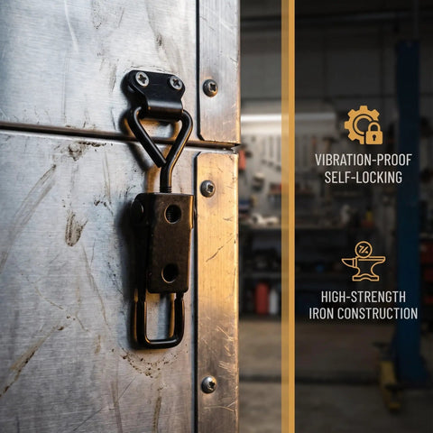 Close-up of Ultra Heavy Duty 12-Piece Black Toggle Latch Set With Quick Release And Vibration Resistance For Smoker Doors Metal Cabinets And Tool Boxes Secure Clamp on metal door.