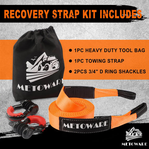 Heavy Duty Tow Strap Recovery Kit with orange 3in x 20ft strap, 35000 lb strength, D-ring shackles, and storage bag visible.