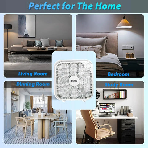 20 Inch Box Fan With 3 Speed Full Power Air Circulation in living room, bedroom, dining room, study room settings