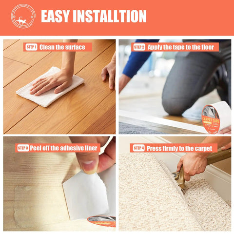 Installation steps for heavy duty double sided carpet tape for rugs and carpets, showing cleaning, applying, peeling, and pressing.