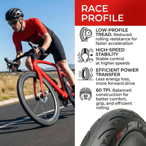 Cyclist on road bike featuring 700x23c road bike tire set with two inner tubes 60mm Presta tubes puncture resistant slick tread
