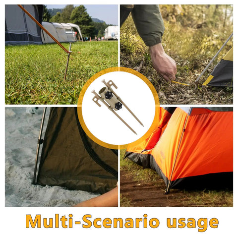 Six Piece Adjustable Camping Tarp Poles And Sand Stakes Kit with aluminum pegs and khaki holders in multi-scenario use