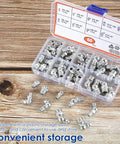 Pro Grade Metric Grease Fittings Kit 60 Or 120 Pcs Featuring 9 Types Galvanized Zerk Set in a plastic storage box on wood surface