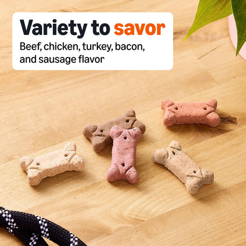 Premium Crunchy Multi Flavor Dog Biscuits Baked In Usa For Your Favorite Furbaby Helping Clean Teeth And Freshen Breath With Twelve Vital Nutrients For Every Bark Worthy Good Boy in various beef, chicken, turkey, bacon, and sausage flavors.