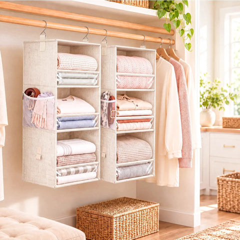 Beige Snap Together Six Tier Hanging Closet Organizer, Collapsible Wardrobe Rack For Dorms with folded clothes.