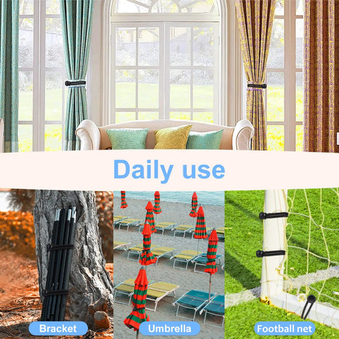 Heavy Duty Ball Bungee Cords Set With 30 Pieces In 3 Sizes 6 Inch 9 Inch And 11 Inch Ball Bungee Balls for daily use shown with curtains, umbrellas, and a football net.