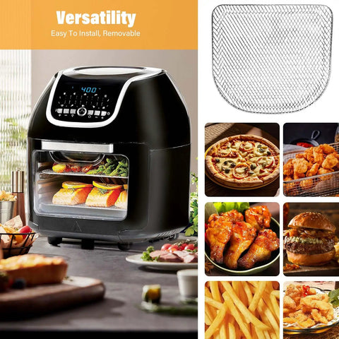 Solid Build Air Fryer Rack Set For PowerXL Vortex Pro 10qt with food and mesh tray for versatile cooking.