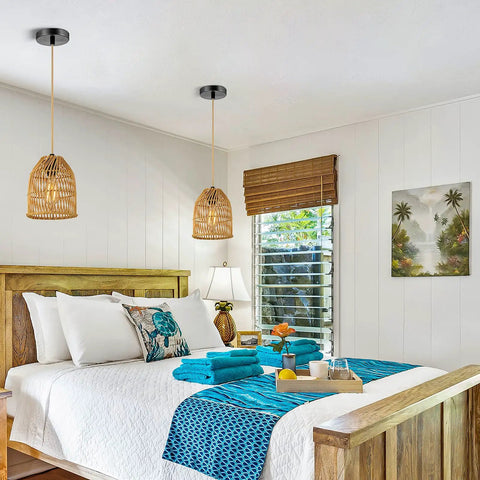Boho Rattan Pendant Light Fixture With 72in Golden Cotton Cord Handwoven Hanging Lamp in coastal bedroom setting.