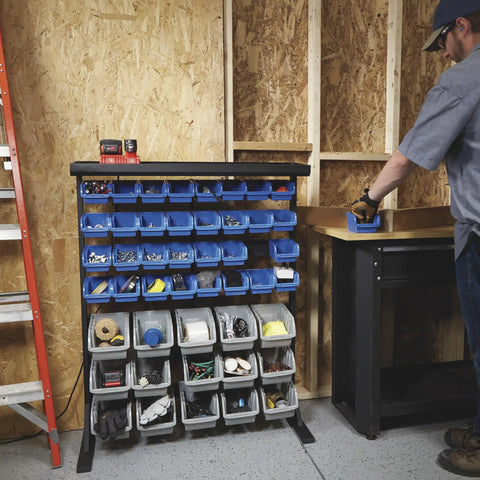 Heavy Duty Garage Organization Workhorse Storage Rack With Powder Coated Steel Rails And Hella Sturdy 47 Super Polypropylene Bins in workshop setting.