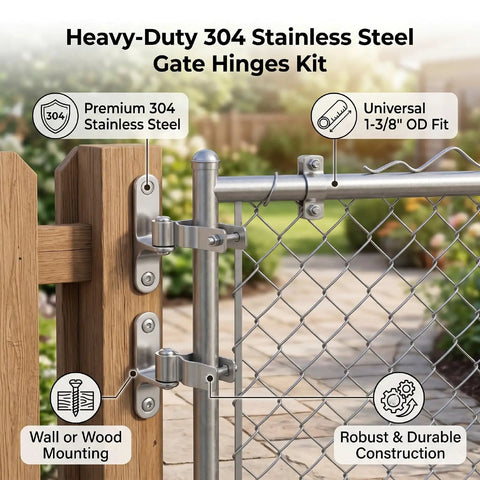 Heavy Duty Gate Hinges Set In 304 Stainless Steel For Wood And Chain Link Fences One And Three Eighths Inch Wide Wall Mounted Hinge