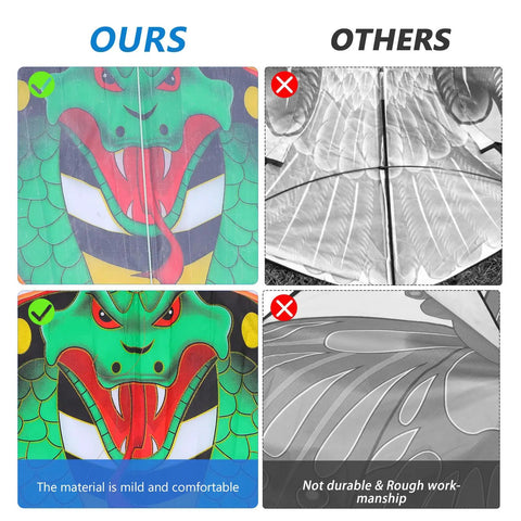 Comparison of Handmade Long Snake Kite For Adults With Gold Foil Detailing and other style showing materials and workmanship differences