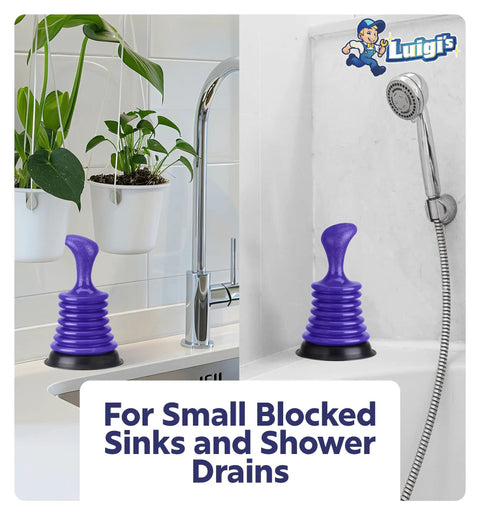 Heavy Duty Mini Sink Plunger For Kitchen And Bathroom Drains Hella Strong Bellows Design in purple, used in sink and shower.