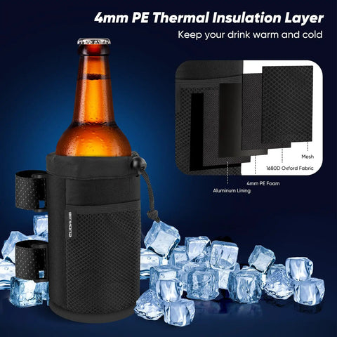 Universal Cup Holder For 8 To 32 Oz Bottles With Net Pockets And Hook And Loop Straps, shown with insulation and ice cubes.