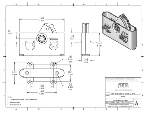 Technical drawing of Beefy Heavy Duty Concealed Panel Roto Lock Kit with side and top views, dimensions included.