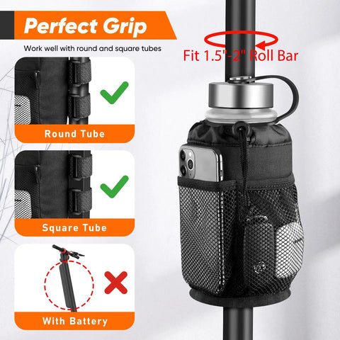 Universal Cup Holder For 8 To 32 Oz Bottles with net pockets and hook and loop straps on 1.5 to 2 inch roll bar