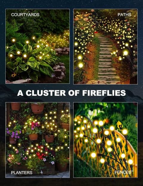 10 LED Starburst Solar Firefly Lights illuminate courtyards, paths, planters, fences with warm white glow, 2 pack, IP65 waterproof.