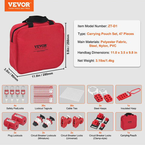 Top Shelf Electrical Lockout Tagout Kit Boss Level Safety Padlocks Hasps Tags Circuit Breaker Lockouts With Heavy Duty Nylon Straps Slick Carry Tote For Jobsite Power Maintenance in red carrying pouch.