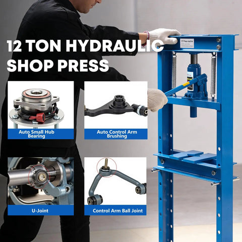 Top Shelf Heavy Duty Hydraulic H Frame Shop Press 12 Ton Knockout Power with adjustable worktable in garage setup.