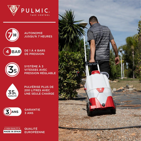 Man using Heavy Duty 35L Electric Sprayer On Wheels With 5M Telescopic Wand, 18V Battery, 3 Speed Settings, Up To 58 PSI, 6M Hose