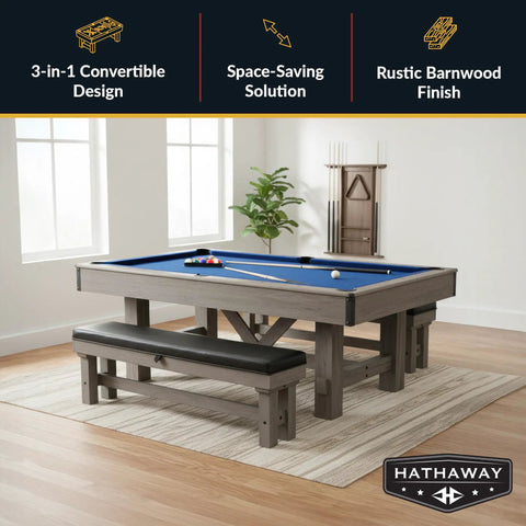 7 Foot Pool Table Combo With Benches Table Tennis And Dining Tops Billiards Set Ping Pong Ready Rustic Barnwood Finish