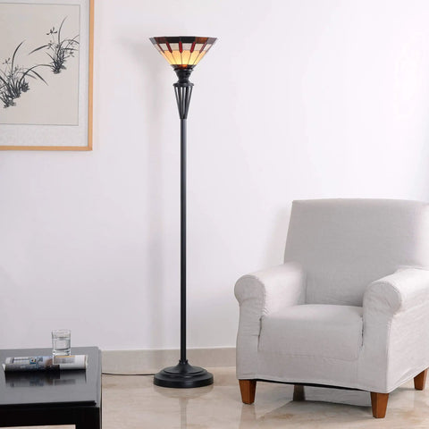 Harmond 1 Light Art Glass Torchiere In Bronze Finish With Tiffany Style Shade Classic Floor Lamp in living room corner setup