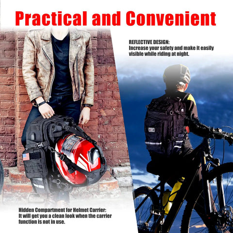 Waterproof Motorcycle Helmet Backpack With USB Port, person holding and biking with helmet carrier, reflective design visible