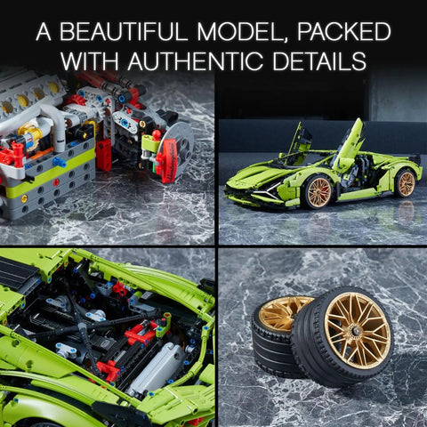 Close-up view of Lamborghini Sian FKP 37 1:8 Scale Tech Model Car Kit For Grownups With 3,696 Pieces, engine, and wheels displayed