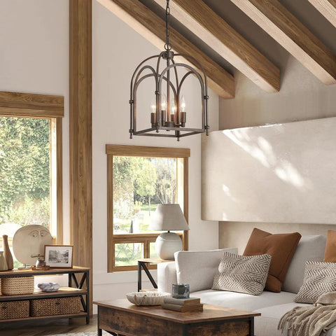 Dope Vintage Lantern Pendant Light Black Metal Cage Farmhouse Chandelier With E26 Socket hanging in rustic living room