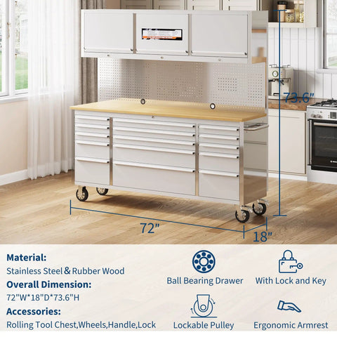 72-Inch Rolling Tool Chest With 15 Drawers, Solid Rubber Wood Workbench Top, Locking Wheels And Key Lock in a workshop setting